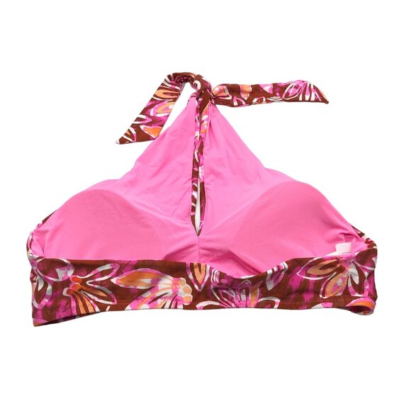 Aerie Swim Halter Bikini Top Keyhole Removable Cups Floral Print Pink Brown L - Picture 2 of 5